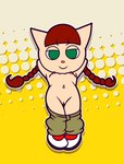 aged_down anthro bottomwear bottomwear_down breasts brown_hair clothed clothing female footwear fur genitals green_pupils hair loli on_model pants pants_down partially_clothed pigtails pupils pussy shoes smile solo tan_body tan_fur young young_anthro young_female kcn bemani konami pop'n_music nyami_(pop'n_music) domestic_cat felid feline felis mammal 2021