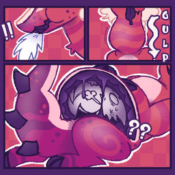 ambiguous_gender anthro anthro_pred belly big_belly big_tail black_teeth black_tongue confusion duo extreme_size_difference freckles fur hair hand_on_belly hooves inside_stomach lying multicolored_body neck_bulge on_back oral_vore question_mark red_body red_fur size_difference surprise_vore surprised swallowing tail teeth text tongue vore white_hair notreallylemonade serpent_(notreallylemonade) bovid caprine caprine_demon demon goat_demon hybrid mammal 1:1 comic digital_media_(artwork) english_text