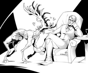 antlers body_horror butt chair clothed clothing cloven_hooves duo feral fully_clothed furniture headless hooves horn male sitting suit table zillabean hannibal_(series) antony_dimmond hannibal_lecter stag_(hannibal) deer human mammal monster 6:5 digital_media_(artwork) monochrome
