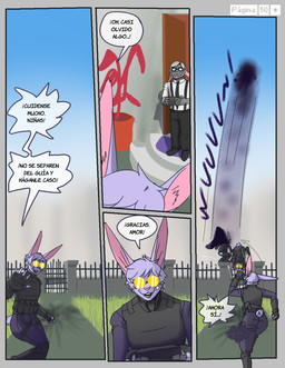 anthro armor bulletproof_vest detailed_background dialogue eyewear female floppy_ears flying folded_ears fur glasses grey_body grey_fur hair jumping kissing looking_at_another male outside plant plant_pot potted_plant pouch_(clothing) purple_body purple_fur purple_hair text usuario2 verenise_violeta lagomorph leporid mammal rabbit hi_res spanish_text