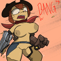 anthro breasts clothing cowboy_hat female gloves gun_arm handwear hat headgear headwear nude open_mouth solo surprised tan_body torn_clothing undressing weapon_arm cryohazard gameoverse glitch_productions kit_bodega felid feline mammal 1:1 absurd_res hi_res