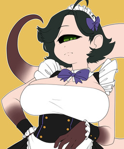 1_eye accessory ahoge big_breasts big_tail black_body black_clothing black_hair black_skin bow_(feature) bow_accessory bow_ribbon bow_tie breasts cleavage clothed clothing collar cuff_(restraint) dipstick_tail female front_view frown gloves_(marking) green_eyes hair hair_accessory hair_bow hair_ribbon half-closed_eyes hand_on_hip headdress long_tail maid_uniform markings monster_girl_(genre) multicolored_clothing multicolored_tail narrowed_eyes noseless orange_background outline restraints ribbons short_hair simple_background solo tail tail_markings tan_body tan_skin uniform unimpressed white_clothing white_outline wrist_cuffs memerie madu_(anaid) cyclops humanoid longtailclops mammal tailclops_(species) 2020 5:6 absurd_res half-length_portrait hi_res portrait