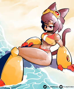 anthro arm_tuft beach big_breasts bikini bikini_bralette black_nose breasts brown_hair clothed clothing eyebrows eyewear eyewear_on_head female goggles goggles_on_head hair huge_thighs knee_tuft leg_tuft midriff muscular muscular_anthro muscular_female muscular_thighs navel outside short_hair shoulder_tuft sitting sitting_on_ground solo swimwear tail tan_body thick_thighs tuft two-piece_swimsuit water wide_hips fc_sketches gameoverse glitch_productions kit_bodega domestic_cat felid feline felis mammal absurd_res hi_res