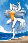 anthro beach clothing dancing female fur hair long_hair one-piece_swimsuit pawpads pink_nose pink_pawpads solo swimwear text water white_body white_fur white_hair conditional_dnp tom_fischbach twokinds raine_silverlock canid canine canis keidran mammal wolf absurd_res adobe_photoshop_(artwork) digital_media_(artwork) hi_res url