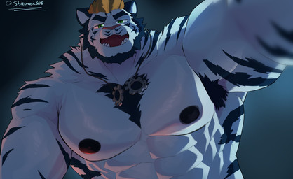 abs anthro barazoku beard biceps black_stripes blonde_hair chest_tuft clothed clothing dark_room deltoids facial_hair fur green_eyes hair jewelry looking_at_viewer looking_down looking_down_at_viewer low-angle_view male muscular muscular_anthro muscular_male necklace nipples obliques open_mouth pecs serratus solo striped_body striped_fur stripes topless tuft white_body white_fur worm's-eye_view shizumei_608 felid mammal pantherine tiger 2026 hi_res signature