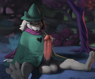 anthro balls big_balls big_penis biped blush clothed clothing erection eyewear feet foreskin fur genitals glasses half-closed_eyes hat headgear headwear heart_symbol huge_balls huge_penis humanoid_genitalia humanoid_penis long_penis male narrowed_eyes open_mouth outside partially_clothed penis pink_penis plant presenting presenting_penis retracted_foreskin robe scarf shy sitting small_but_hung smile solo thick_penis tree white_body white_fur wizard_hat conditional_dnp klaide deltarune undertale_(series) ralsei bovid caprine darkner goat mammal 2018 hi_res