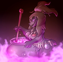 anthro big_breasts black_body black_fur breasts cauldron clothing corruption crotch_tuft female fog fur headgear headwear mostly_nude_female potion potion_bottle purple_eyes solo stirring tooth_necklace tribal tuft atane27 armello league_of_geeks yordana_(armello) bear mammal hi_res