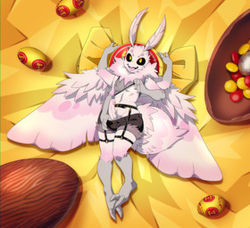2_toes 3_fingers 4_arms antennae_(anatomy) anthro arthropod_abdomen back_wings belt big_penis big_wings black_belt black_bottomwear black_clothing black_sclera black_shorts bon_bon_(candy) bottomwear bulge candy clothed clothed_anthro clothed_male clothing dessert easter_egg erection eyebrows feet femboy fingers fishnet_clothing fishnet_shirt fishnet_topwear food fur genitals happy holidays humanoid_genitalia humanoid_penis looking_at_viewer lying male male_anthro multi_arm multi_limb neck_tuft nipples on_back open_mouth penis pink_abdomen pink_antennae pink_body pink_eyebrows pink_fur pink_penis pink_tongue pink_wings pulling_down_shorts shirt shorts simple_background skimpy solo toes tongue topwear tuft vein veiny_penis wing_tuft wings yellow_background yellow_eyes unknown_artist easter mothy_(cerezo) arthropod insect lepidopteran moth absurd_res hi_res male_(lore)
