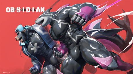 abs anthro barazoku beard black_bodysuit black_clothing black_hair black_skinsuit blue_clothing blue_gloves blue_handwear blue_horn blue_sclera blue_topwear blue_vest bodysuit bulge claws clothing duo dust elbow_fin facial_hair facial_piercing facial_scar fin finger_claws fingerless_gloves forehead_scar fur gills gloves grey_body grey_fur grey_scales hair handwear head_fin horn knee_pads male muscular muscular_thighs nipple_outline nose_piercing nose_ring notched_fin obliques pecs piercing purple_clothing purple_gloves purple_handwear purple_knee_pads red_background ring_piercing scales scar septum_piercing septum_ring simple_background skinsuit snout snout_scar tail tail_fin text tight_clothing topwear twitter_handle vest takahirosi morton_(takahirosi) orland_(takahirosi) aquatic bovid bovine cattle fish mammal shark 2025 english_text hi_res