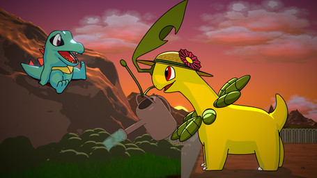ambiguous_gender blue_body clothing duo fence feral flower garden gardening grass hat hat_flower headgear headwear mountain open_mouth outside plant red_eyes rock shrub sky sunset water watering_can yellow_body aquinas_audax nintendo pokemon bayleef crocodile crocodilian dinosaur generation_2_pokemon pokemon_(species) prehistoric_species reptile scalie totodile 16:9 3d_(artwork) 4k absurd_res blender_(artwork) blender_cycles_(artwork) blender_eevee_(artwork) digital_media_(artwork) hi_res widescreen