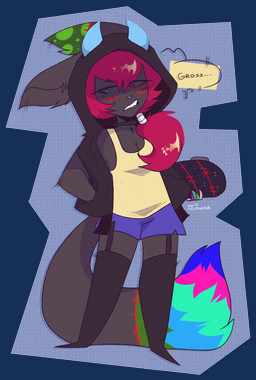 annoyed anthro bandage bared_teeth big_ears black_body black_fur blue_horn blue_nose bottomwear chibi choker clothing cross femboy fur green_eyes grimace hair heterochromia hoodie horn jewelry long_socks male markings multicolored_body multicolored_fur multicolored_tail necklace ponytail red_eyes red_hair shirt shorts skateboard sleeveless_clothing slim small_waist solo spots spotted_markings stitch_(sewing) stripes tail tank_top teeth thick_thighs topwear vehicle white_paws wide_hips yellow_clothing yellow_shirt yellow_topwear drmedrick damian_(candy_foxy) canid canine demon fennec_fox fox hybrid mammal true_fox alpha_channel hi_res