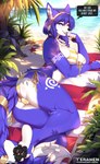 accessory anthro arm_tuft beach beach_towel big_breasts bikini blue_body blue_eyes blue_fur blue_hair breasts butt camel_toe chest_tuft clothing detailed_background dialogue dipstick_tail eyebrows eyelashes female fur hair hair_accessory hairband inner_ear_fluff jewelry looking_at_viewer looking_back markings outside pattern_bikini pattern_clothing pattern_swimwear pawpads shoulder_tuft side-tie_bikini smile smiling_at_viewer solo speech_bubble string_bikini striped_bikini striped_clothing striped_swimwear stripes swimwear tail tail_markings towel tuft two-piece_swimsuit white_body white_fur conditional_dnp teranen nintendo star_fox krystal_(star_fox) canid canine fox mammal hi_res