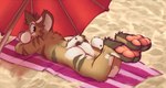 bare_back beach beach_towel beach_umbrella bent_legs black_eyes brown_body brown_fur brown_spots butt calves_up detailed_background feet fluffy fluffy_tail fur inner_ear_fluff looking_back lying male markings multicolored_body multicolored_fur neck_tuft on_front parasol pawpads paws pink_nose public raised_calf rear_view sand seaside solo spots stripes tail tail_aside tail_markings tan_body tan_fur tan_spots teasing toes towel tuft mestisoart jason_(mestiso) felid mammal pantherine prehistoric_species saber-toothed_tiger absurd_res colored hi_res shaded