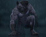 anthro black_hair digitigrade featureless_crotch hair kneeling male nude raining simple_background solo stripes marsel-defender hyena mammal 2023 hi_res