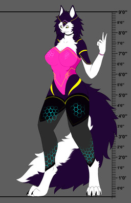 anthro chart female futuristic_clothing glowing glowing_eyes height_chart markings pose simple_background solo toony treniea treniea_(nq0) alien canid canine canis domestic_dog husky mammal nordic_sled_dog spitz hi_res