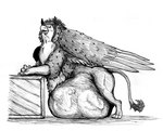 abdominal_bulge ambiguous_gender beak belly big_belly box container duo feral feral_pred leaning_against_object male male_pred quadruped unseen_prey vore wings thatgryphonguy mythology diego_(thatgryphonguy) avian gryphon mythological_avian mythological_creature black_and_white monochrome traditional_media_(artwork)