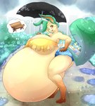 anthro anthrofied barefoot belly big_belly big_breasts bottomwear breasts clothing feet female hand_on_hip hotpants huge_belly huge_breasts hyper hyper_belly hyper_pregnancy pokemorph pregnant pregnant_anthro pregnant_female raining shorts solo thought_bubble umbrella under_boob leonkatlovre nintendo pokemon fiora_(spyingredfox) eeveelution generation_4_pokemon leafeon pokemon_(species) hi_res