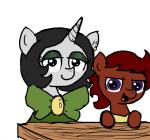 clothing duo ear_piercing earth_pony equid equine fan_character female feral ficficponyfic furniture hasbro horn horse joyride_(colt_quest) mammal my_little_pony mythological_creature mythological_equine mythology piercing pony ribbons ruby_rouge_(colt_quest) simple_background table unicorn white_background young