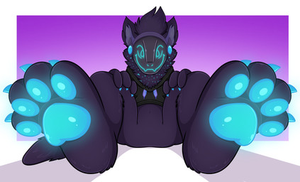 anthro blue_claws blue_pawpads bottomless claws clothed clothing feet foot_fetish hoodie machine male pawpads paws sitting solo tail topwear visor fibo_paws alley_the_toaster protogen absurd_res hi_res nonbinary_(lore)