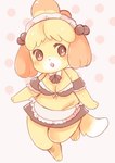 3_fingers 3_toes animal_crossing anthro barefoot big_breasts blush bottomwear breasts canid canine canis cleavage clothed clothing digital_media_(artwork) domestic_dog feet female fingers fur hair headgear headwear isabelle_(animal_crossing) maid_uniform mammal midriff nintendo open_mouth shih_tzu shoulderless_clothing shoulderless_topwear simple_background solo standing tail toes tongue tongue_out topwear toy_dog uniform yellow_body yellow_fur yokikana_yk
