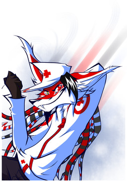 anthro beard black_hair black_nose clothing cross facial_hair fur hair hat headgear headwear hoodie male pseudo_hair red_ears simple_background smile solo teeth tentacle_hair tentacles topwear white_body white_clothing white_ears white_fur zipper artkirby-xiv lapfox_trax renard_queenston canid canine fox mammal