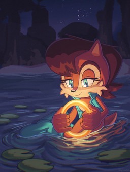 anthro beach blue_eyes boots boots_only bottomless breasts clothed clothing female footwear footwear_only glowing lily_pad mostly_nude open_clothing open_topwear open_vest plant power_ring scut_tail shoes short_tail sitting smile solo star tail topwear topwear_only vest vest_only pesky-pincushion sega sonic_the_hedgehog_(series) sally_acorn chipmunk ground_squirrel mammal rodent sciurid hi_res