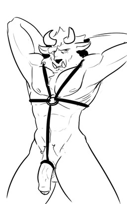 anthro balls bdsm bondage bound fangs genitals half-erect horn humanoid_genitalia humanoid_penis male muscular muscular_anthro muscular_male nude penis solo submissive submissive_male teeth unknown_artist beauty_and_the_beast disney beast_(disney) monochrome source_request