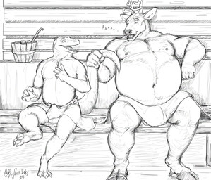 anthro balls barely_visible_balls barely_visible_genitalia belly big_belly duo erection erection_under_towel genitals hooves komojey male male/male musclegut muscular muscular_anthro muscular_male navel nipples non-mammal_navel plantigrade sauna sitting tail tail_grab tenting towel towel_only unguligrade pacific_coyote deer komodo_dragon lizard mammal monitor_lizard reptile scalie hi_res