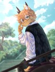 5_fingers anthro blue_eyes clothed clothing cloud dragon eyebrows eyewear felid feline fingers fur glasses hair hi_res horn hybrid inner_ear_fluff male mammal mythological_creature mythological_scalie mythology plant riko_sakari rikosakari scalie smile solo tail tree tuft