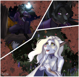 anthro black_body black_fur black_hair border clothed clothing collar dagger duo female forest forest_background fur hair holding_object holding_weapon long_hair male male/female master melee_weapon nature nature_background open_mouth plant purple_eyes smile standing tree weapon white_body white_border white_fur white_hair yellow_eyes the_furry_tail_of_your_soul dusk_sarsis canid canine canis fox mammal absurd_res digital_media_(artwork) hi_res