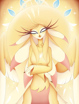anthro beak blue_eyes blush breasts clothing crossed_arms ears_flat eyelashes feathered_wings feathers female glowing glowing_eyes gold_halo halo heart_symbol long_ears long_eyelashes looking_at_viewer multi_eye nails sharp_nails smile solo standing wings yellow_body yellow_feathers blue-monedula hazbin_hotel hellaverse speaker_of_god_(hazbin_hotel) angel avian deity hi_res