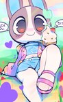3_toes abstract_background ambiguous_anthro ambiguous_gender anthro bent_legs big_eyes black_body black_ears black_eyes black_fur blue_bottomwear blue_clothing blue_inner_ear blue_skirt blue_topwear blush blush_lines bottomwear bow_ribbon cherry closed_smile clothed clothed_ambiguous clothing dessert dialogue feet flower food footwear front_view fruit fully_clothed fully_clothed_ambiguous fur glistening glistening_eyes heart_symbol holding_food holding_ice_cream holding_object hoodie ice_cream looking_at_viewer midriff mouth_closed multicolored_body multicolored_fur navel no_pupils noseless outside pink_clothing pink_footwear pink_hoodie pink_sandals pink_topwear plant profanity sandals shoes sitting skirt smile smiling_at_viewer solo speech_bubble star_symbol stare talking_to_viewer text toes topwear two_tone_body two_tone_fur white_body white_fur white_sclera ligma_(artist) animal_crossing nintendo dotty_(animal_crossing) lagomorph leporid mammal rabbit 2025 digital_media_(artwork) english_text full-length_portrait hi_res portrait shaded soft_shading female_(lore)