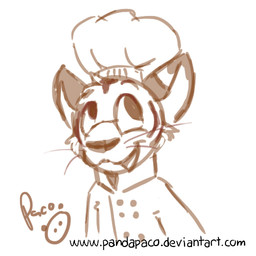 anthro button_(fastener) chef_hat chef_uniform clothed clothing front_view hat headgear headwear logo looking_up male male_anthro open_mouth open_smile simple_background smile solo text whiskers young young_anthro young_male pandapaco felid mammal 1:1 artist_logo bust_portrait monochrome portrait signature sketch url