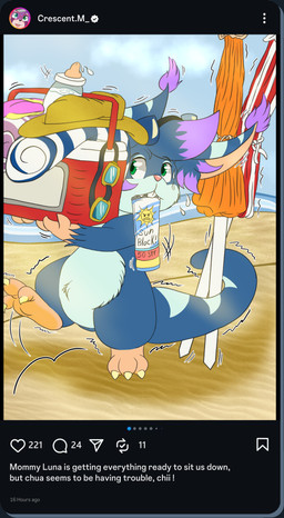 ambiguous_gender anthro baby_bottle barefoot beach carrying_another carrying_partner carrying_position claws clothing cooler eyewear feet fluffy fluffy_chest goggles hat headgear headwear holding_object influencer lifting long_ears long_tail parasol sand showing_teeth smelly smelly_feet social_media soles solo sunscreen swimwear tail text toe_claws lunamuenster wildstar luna_muenster_(fursona) chua absurd_res english_text hi_res