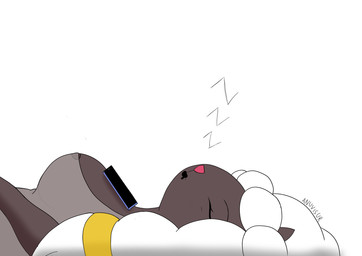 accessory anthro between_breasts big_breasts breasts cellphone clothing electronics female fur hair_accessory horn nipple_outline nipples open_mouth phone pink_nose simple_background sleeping solo translucent translucent_clothing wool_(fur) wool_hair anuvisur_(artist) nintendo pokemon generation_8_pokemon pokemon_(species) wooloo absurd_res hi_res