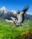 beak black_body black_feathers claws day detailed_background feathers feral flower flying mountain multi_wing outside plant purple_eyes sky solo wings yellow_beak anisis mythology phrixus avian gryphon mythological_avian mythological_creature 2016 digital_media_(artwork)