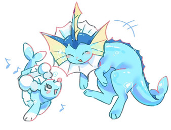 ambiguous_gender blue_body blush blush_lines bubble duo eyelashes eyes_closed feral happy musical_clef musical_symbol open_mouth paws simple_background symbol tail seta629211 nintendo pokemon brionne eeveelution generation_1_pokemon generation_7_pokemon pokemon_(species) vaporeon 2026 hi_res