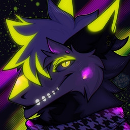 anthro black_body black_fur black_lips bright_colors clothed clothing countershade_body countershade_fur countershade_torso countershading cross cross_ear_piercing cross_piercing ear_piercing eyebrow_piercing facial_piercing fur glistening glistening_hair glowing glowing_hair graffiti green_highlights green_light hair highlights_(coloring) inner_ear_fluff lips looking_at_viewer male male_anthro multicolored_body multicolored_fur multicolored_hair neon_lights piercing purple_light scarf simple_background solo teeth tuft white_body white_fur white_hair yasha_the_husky sergal 1:1 digital_media_(artwork) headshot_portrait hi_res portrait