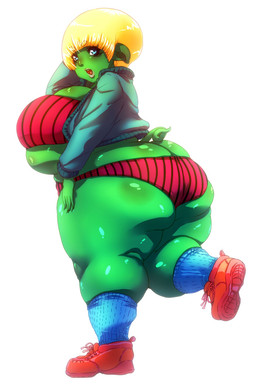 big_breasts big_butt blonde_hair blue_eyes breasts butt female green_body green_skin hair looking_at_viewer looking_back not_furry obese obese_female obese_humanoid overweight overweight_female overweight_humanoid solo thick_thighs winterweather humanoid orc