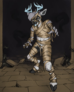 anthro blue_eyes blue_tongue erection holidays hooves male mummy_costume mummy_wrappings solo tongue necrotext halloween cole_canine deer mammal 2017 hi_res