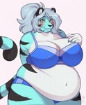 anthro belly belly_overhang big_belly big_breasts black_body black_fur black_nose blue_body blue_bra blue_clothing blue_fur blue_nails blue_panties blue_underwear blush bow_(feature) bow_ribbon bra breasts brown_eyes clothing colored_nails fangs female fur grey_hair hair huge_breasts huge_hips huge_thighs long_hair makeup mascara nails navel overweight overweight_anthro overweight_female panties simple_background smile solo striped_body striped_fur stripes teeth thick_thighs underwear white_body white_fur wide_hips valerayu tammy_tigress felid mammal pantherine tiger 2024 hi_res