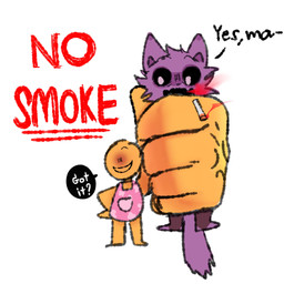 5_fingers anthro apron apron_only biped black_sclera cigarette clothing duo fingers fur male purple_body purple_fur text white_eyes yellow_body ma_boiii45 mob_entertainment poppy_playtime smiling_critters catnap_(poppy_playtime) critters_(poppy_playtime) domestic_cat felid feline felis human mammal 1:1 2024 english_text hi_res