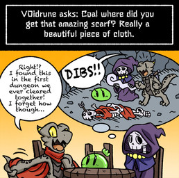 ambiguous_gender anthro biped black_text bone cape chair clothed clothing dialogue ellipsis exclamation_point eyebrows eyelashes furniture green_body group holding_object holding_staff looking_at_another melee_weapon motion_lines on_chair open_mouth open_smile question question_mark red_cape red_clothing robe rock shield shield_on_back sitting sitting_on_chair skeleton smile speech_bubble staff standing sword sword_on_back table text tongue trio weapon white_text wood wood_chair wood_furniture wood_table rakkuguy coal_(rakkuguy) lime_(rakkuguy) shelley_(rakkuguy) animated_skeleton goo_creature kobold scalie undead 2025 english_text hi_res female_(lore)