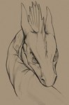 ambiguous_gender feral frill_(anatomy) head_crest head_frill horn long_neck looking_at_viewer mouth_closed pupils simple_background slit_pupils solo khyaber mythology dragon mythological_creature mythological_scalie scalie hi_res monochrome