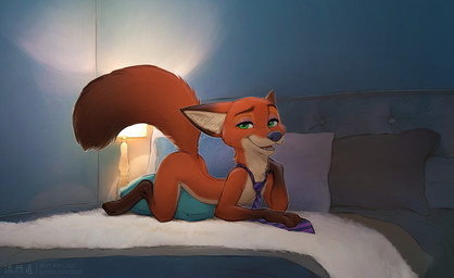 anthro bed bedroom bedroom_eyes detailed_background digitigrade eyeshadow fur furniture furniture_lamp gloves_(marking) green_eyes inside leg_markings looking_at_viewer lying lying_on_bed makeup male markings narrowed_eyes necktie nude on_bed on_front open_mouth open_smile orange_body orange_fur pillow pose seductive side_view simple_background smile smiling_at_viewer socks_(marking) solo straddling teasing text zaush disney zootopia nick_wilde canid canine fox mammal red_fox true_fox 2022 artist_name dated digital_media_(artwork) full-length_portrait portrait url