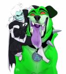 bodily_fluids drooling duo fur green_body green_fur green_skin hair male red_eyes saliva size_difference teeth tongue uvula white_hair krossan_(artist) danny_phantom nickelodeon cujo_(danny_phantom) dark_danny_phantom canid canine canis domestic_dog ghost human mammal spirit hi_res