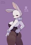 anthro blush bunny_costume clothed clothing costume female fur glistening glistening_body highleg highleg_leotard leotard purple_eyes simple_background slim solo text white_body white_fur wristband honeycalamari lagomorph leporid mammal rabbit 2020 english_text hi_res watermark