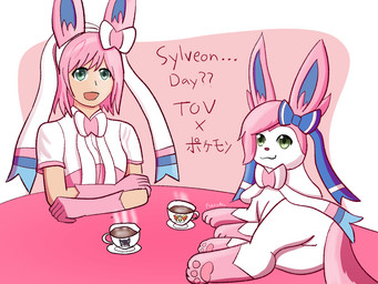 blue_clothing blue_inner_ear clothing feral fur green_eyes hair open_mouth pawpads pink_body pink_clothing pink_ears pink_fur pink_hair pink_pawpads quadruped ribbons_(anatomy) text white_clothing fokkorev bandai_namco nintendo pokemon tales_of_(series) tales_of_vesperia aeren_(fokkorev) estelle_(tales_of_vesperia) eeveelution generation_6_pokemon human mammal pokemon_(species) sylveon 2021 4:3 english_text hi_res japanese_text signature