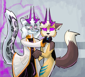 antennae_(anatomy) anthro brown_tail clothing coat collar duo ear_piercing ear_ring fur gloves grey_body grey_fur handwear hypnosis hypnotic_eyes lab_coat latex latex_clothing latex_gloves latex_handwear latex_skinsuit male mind_control piercing purple_eyes ring_piercing skinsuit spiral spiral_eyes tail tight_clothing topwear yellow_body yellow_fur mossky canid canine felid mammal pantherine snow_leopard aliasing digital_media_(artwork)