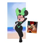 accessory anthro beach big_ears bikini black_body bra clothing feet female gloves hair_accessory hair_ribbon handwear pose raised_arm ribbons sea solo swimwear tan_body tan_skin thick_thighs thong toes two-piece_swimsuit underwear water palegarbo disney minnie_mouse mammal mouse murid murine rodent hi_res